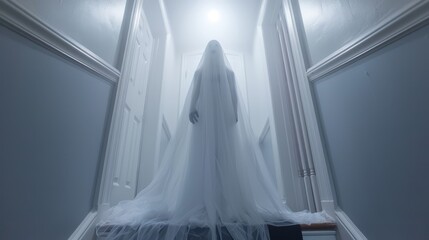   A woman in a white dress stands before a window in a dark room White curtains adorn the windowsill