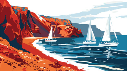 Red beach in Santorini island Greece. Yachts sailing - obrazy, fototapety, plakaty