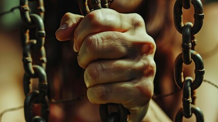 A close-up of a woman's hand breaking through chains