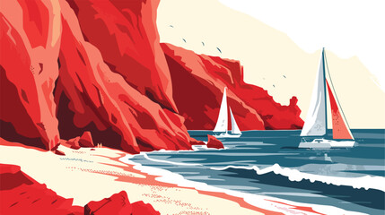 Red beach in Santorini island Greece. Yachts sailing - obrazy, fototapety, plakaty