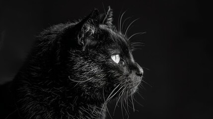   A black cat with white whiskers, gazing off at a distance against a black backdrop