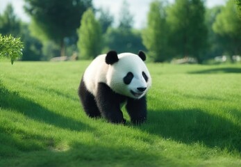 Cheerful playing panda on green lawn. Rare endangered animals protected concept. Cute clumsy black and white bear. - obrazy, fototapety, plakaty