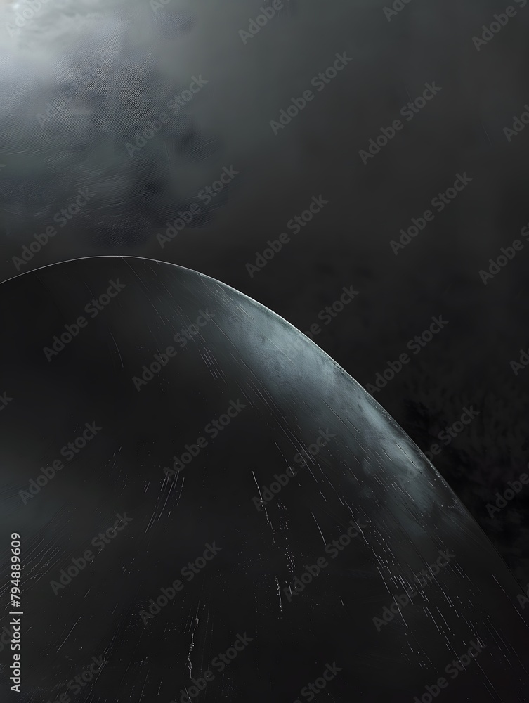 Poster a dark, seemingly reflective surface with a curved line, part of a circular object, minimalism moder