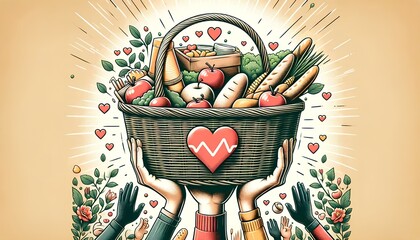 Compassionate food donation concept, showcasing variety of nutritious groceries including fresh produce and canned goods, thoughtfully arranged to be shared with underprivileged social groups in need