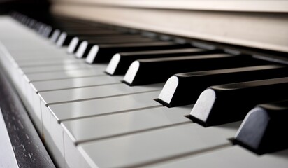 Close up piano keyboard musical instrument. White and black key tuts isolated on horizontal ratio...