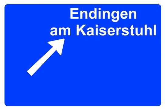 Illustration eines Autobahn-Ausfahrtschildes mit der Beschriftung "Endingen am Kaiserstuhl"	