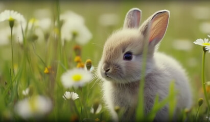 A fluffy baby bunny exploring a field of wildflowers, its ears twitching with every new sound it hears.