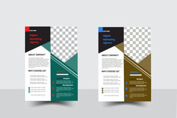 A bundle of templates of different colors a4 flyer template, Modern business flyer template , Graphic design layout with triangle graphic elements, flier mockup in bright colors creative.