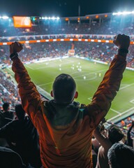 Fototapeta na wymiar back view of fans celebrating goal in soccer stadium.
