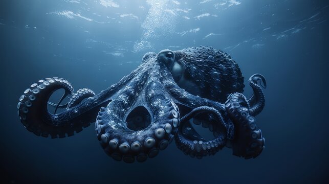   An octopus floats with head and eyes above water's surface
