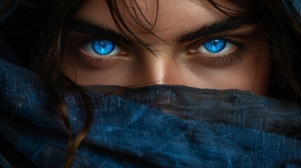  blue eyes peek out from under a blue scarf, concealing the rest of her features