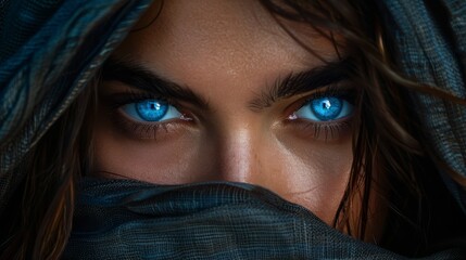 Fototapeta premium blue eyes peek out from beneath a scarf, hands shielding the rest