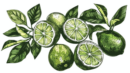 Composition with whole green limes and leaves. 