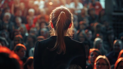A woman standing in front of a crowd