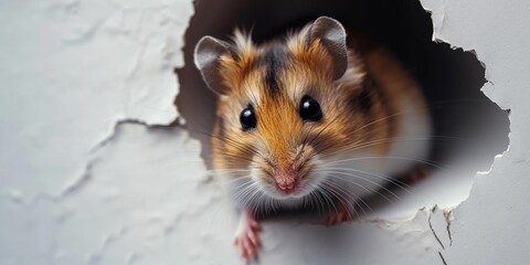 Close up view picture of the hollow white hole on the the wall that show the hamster stay inside the wall that has been made from some material yet still can break to look through other side. AIGX03.