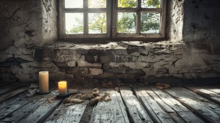   A candle atop a weathered wooden floor, adjacent to a window framed by a rough-hewn stone wall and a worn window sill