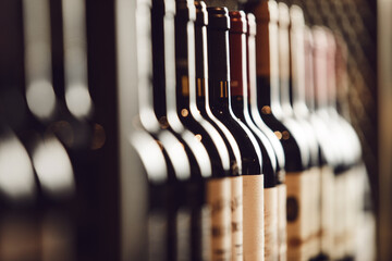 Close-Up View of Wine Bottles Lined Up on Cellar Shelf Highlighting Elite Alcohol Choices - obrazy, fototapety, plakaty