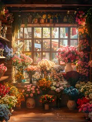 Fototapeta premium Intimate Flower Shop Interior Glowing with Vintage Charm and Floret Beauty