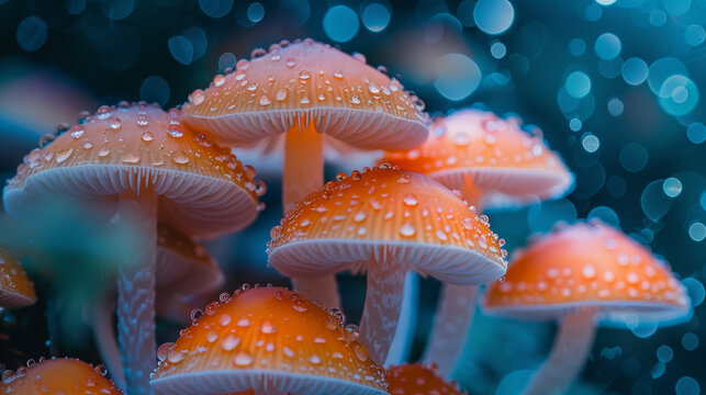 A group of orange mushrooms with water droplets on them