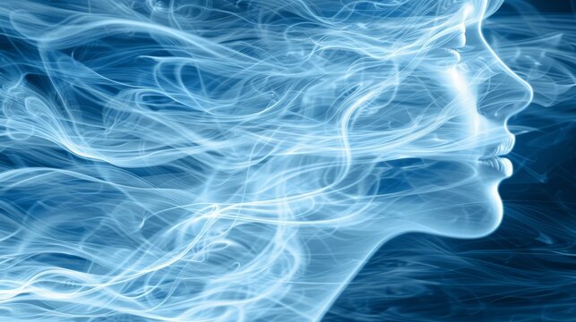  blue smoke wafting from her temple, hair billowing in the wind