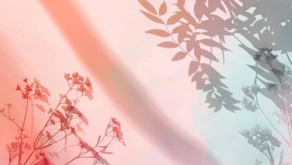 A soft pastel background with the shadow of leaves and plants