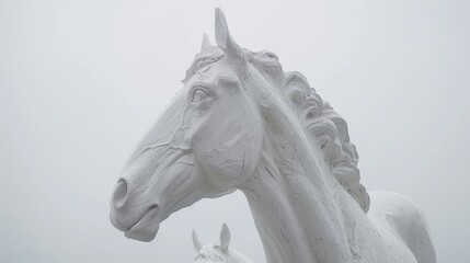  A horse statute in white, crowned by a bird