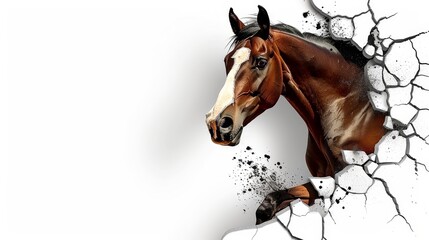   A horse breaks through a white wall, its head protruding from a crack - obrazy, fototapety, plakaty