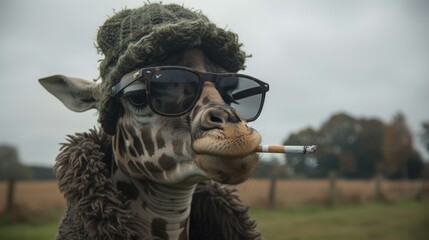 Obraz premium A giraffe donning sunglasses and a hat, holding a cigarette between its lips