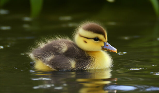 A fluffy baby duckling paddling in a shallow pond, its yellow feathers ruffled by the breeze.