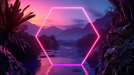 Fototapeta premium The great pink floating hexagon beyond the river that surrounded with a lot amount of the tall mountains at the dawn or dusk time of the day that shine light to the every part of the picture. AIGX03.
