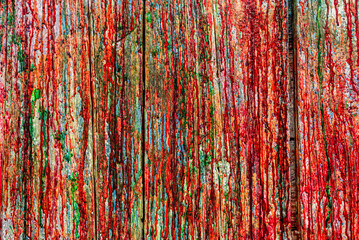 Layers of old chipped paint of different colors in cracks on a wooden surface. Background