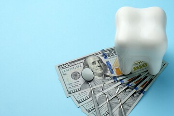 Dollar money bills and tooth model on a bluebackgound with copy space - 794897006