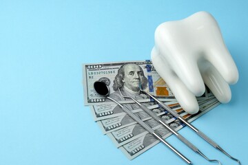 Dollar money bills and tooth model on a bluebackgound with copy space - 794897009