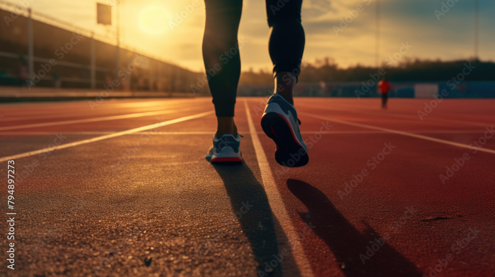 Poster a person is running on a track with the sun in the background