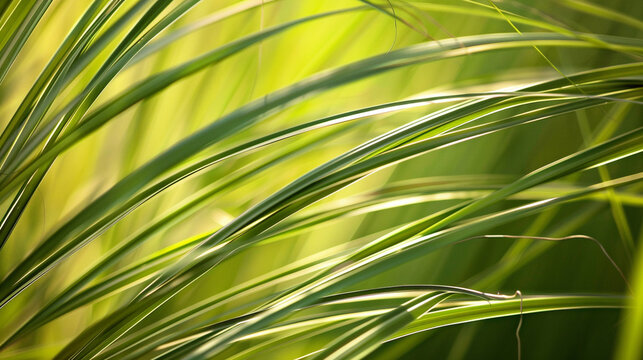 Bahia Grass blades up close, their slender forms and textured surface illuminated soft sunlight, highlighting the unique patterns and colors found in this resilient and versatile grass species.