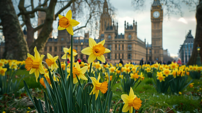 A natural landscape filled with a field of yellow flowers complemented by the majestic Building of Big Ben in the background, creating a picturesque and serene environment