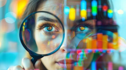 Businesswoman with a magnifying glass analyzing market targets