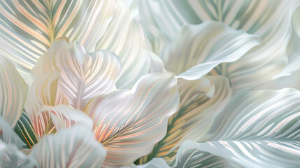 the intricate details of Calathea White Fusion leaves up close, their unique variegation and texture highlighted by soft diffused lighting,