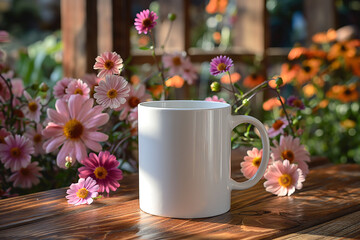 11oz coffee mug mockup blank white cup for own design presentation on a table surrounded by spring flowers