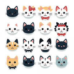 set of cat heads logo on white background, clipart bundle kawaii cats cute and funny 2d flat lay animals