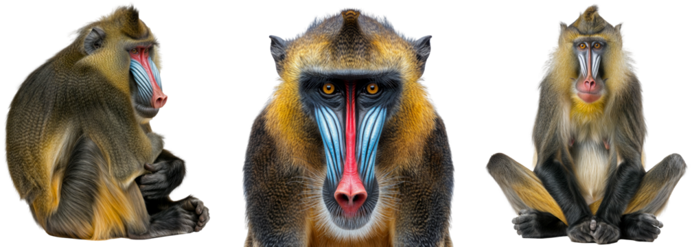Mandrill monkey collection, sitting and portrait, animal bundle isolated on a white background