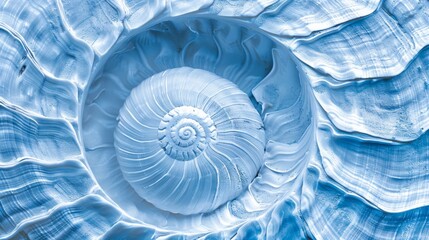   A tight shot of a giant seashell at the center of a vast, blue artwork, characterized by a spiral motif