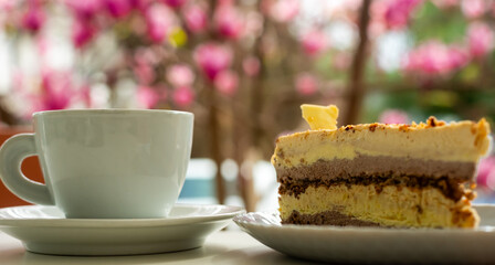 Spring cafe and cup of coffee in pink magnolia flowers.