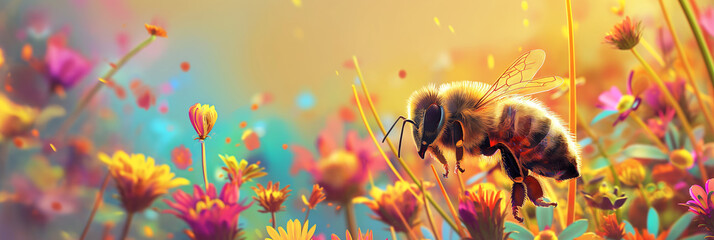 Close-up of a bee pollinating colorful flowers, illustrating the vital role of bees in nature's ecosystem