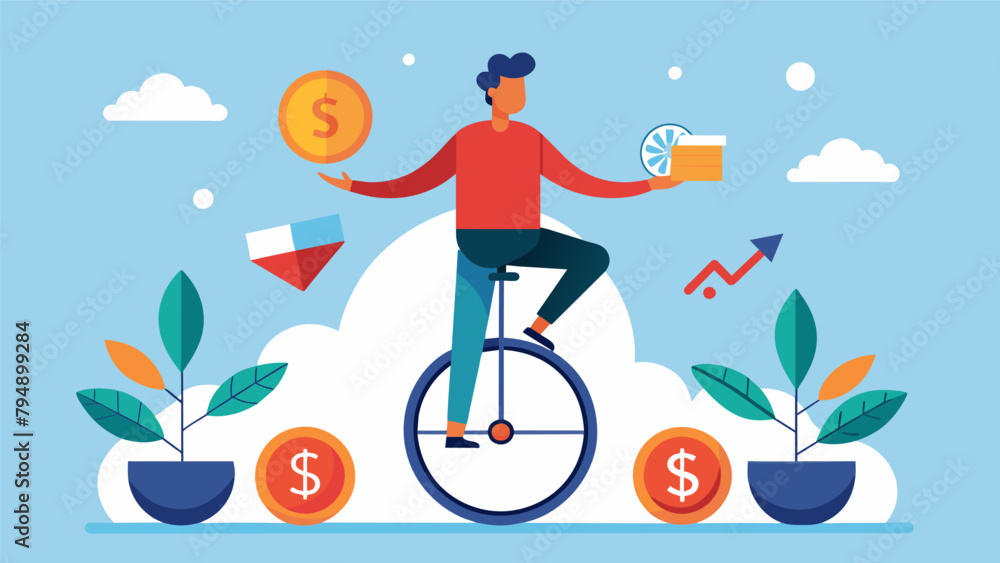 Poster a person riding a unicycle while balancing different financial goals in each hand representing the s