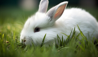 A fluffy bunny nestled in a bed of soft green grass, its whiskers twitching as it sniffs the air.