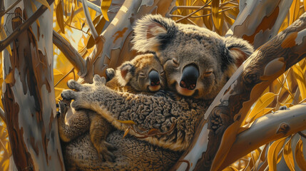 Maternal Love: Mother Koala and Joey - obrazy, fototapety, plakaty