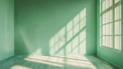 Obraz premium A large, empty room with a green wall and a window. The room is very bright and open, with sunlight streaming in through the window