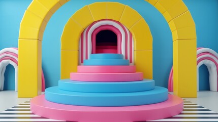   A vibrant room with blue and yellow walls features a set of stairs adorned with pink and blue hues Here, archways add character to the scene