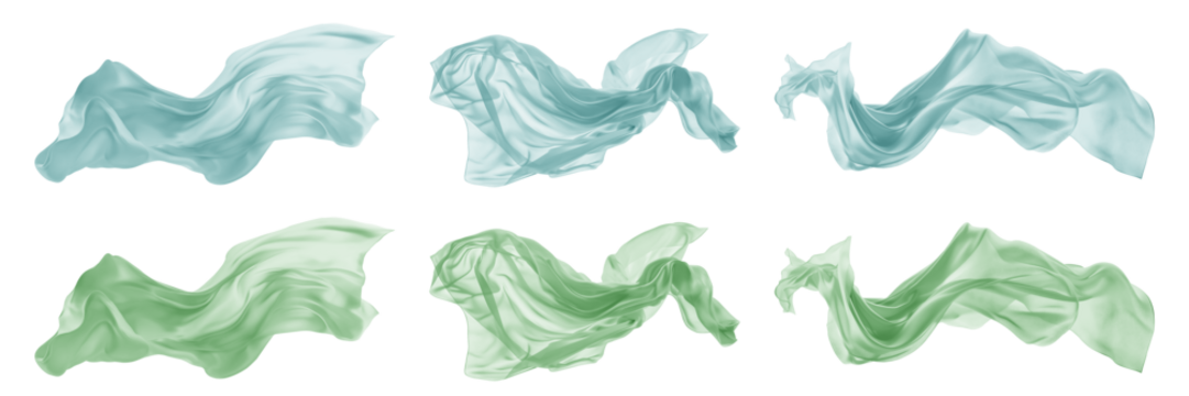2 Collection set of pastel green turquoise blue long silk satin cloth fabric floating flying in the air on transparent background cutout, PNG file. Mockup template for artwork graphic design